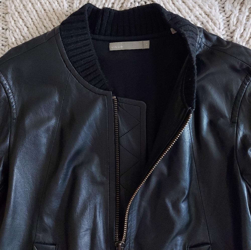VINCE Genuine Lamb Leather Black Bomber Jacket - Medium - Picture 3 of 8